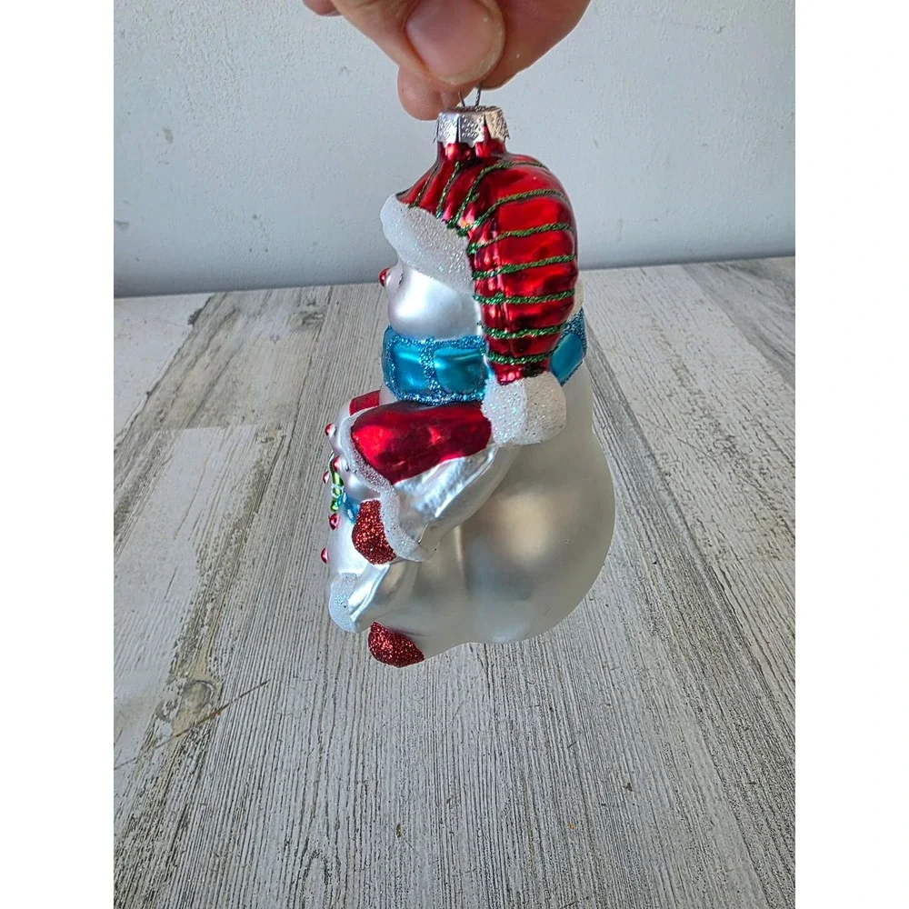 Vintage glass snowman family glitter‎ ornament Xmas tree blue red white